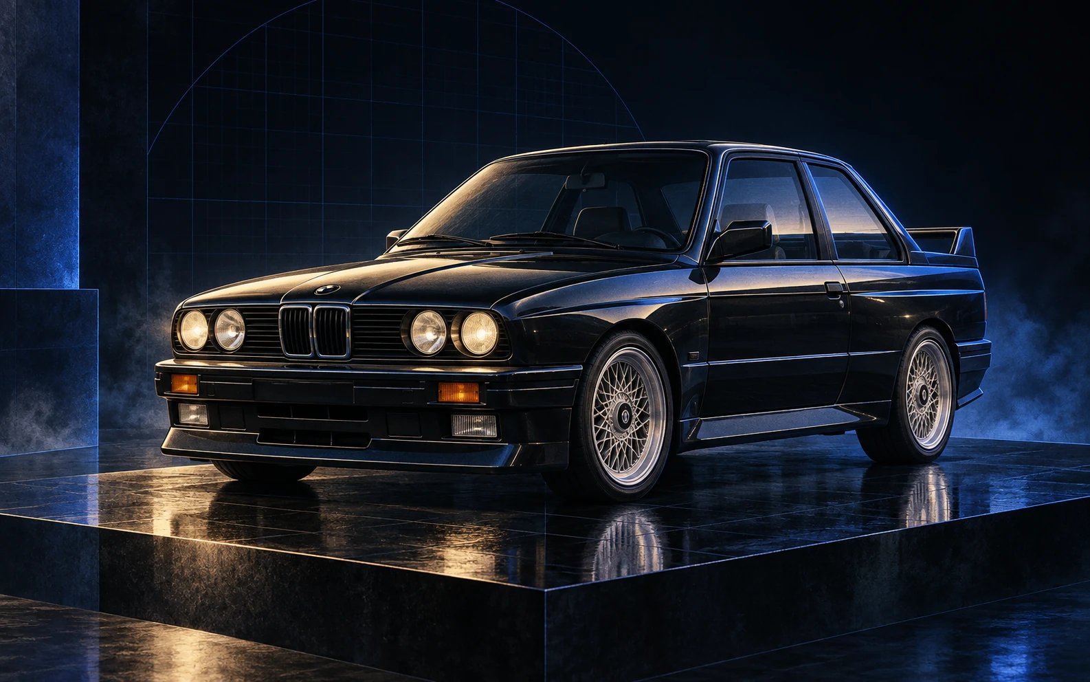 A dramatic studio illustration of Michael's classic black 1991 BMW M3